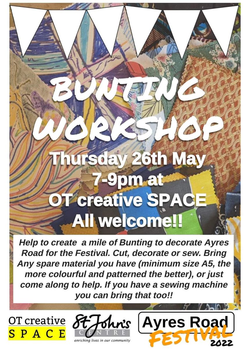 OTcreativespace's tweet photo. >>>>Bunting Making Workshop<<<<
****This Thursday 26th May!!****

Join us in The studio This Thursday 7-9pm to help make a mile of bunting to decorate Ayres Road for the Ayres Road Festival on Saturday 4th June! 

#Bunting #buntingworkshop #AyresRdFestival #ayresroad #OTcreates https://t.co/FevPfAzkOX