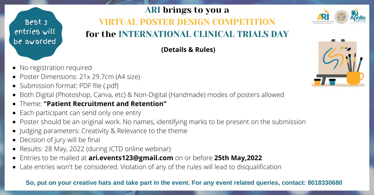 ARI_Apollo's tweet photo. Apollo Research and Innovations (ARI) is all set to celebrate the "International Clinical Trials Day" on 28th May, 2022 and brings to you a virtual poster design competition.
#apolloari #ICTD #posterdesign #virtualcompetition #rewards #clinical #ApolloHospitals #artist #poster https://t.co/f20C32tE84