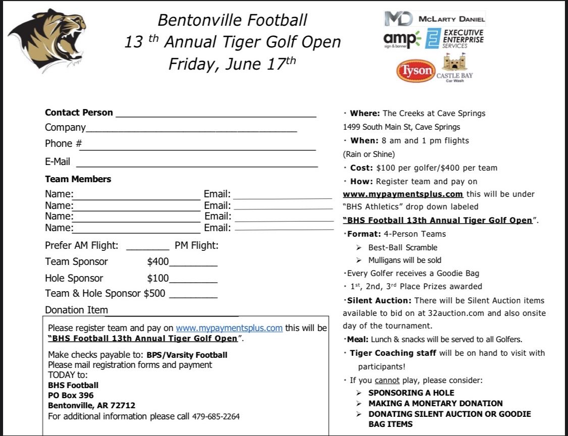 BvilleFB's tweet photo. Looking forward to seeing everyone at our biggest fundraiser this year!

📣TIGER OPEN
🗓June 17th
@ The Creeks

Get your TEAM together and register today!

#TigerDNA https://t.co/UyQHtNV8oh