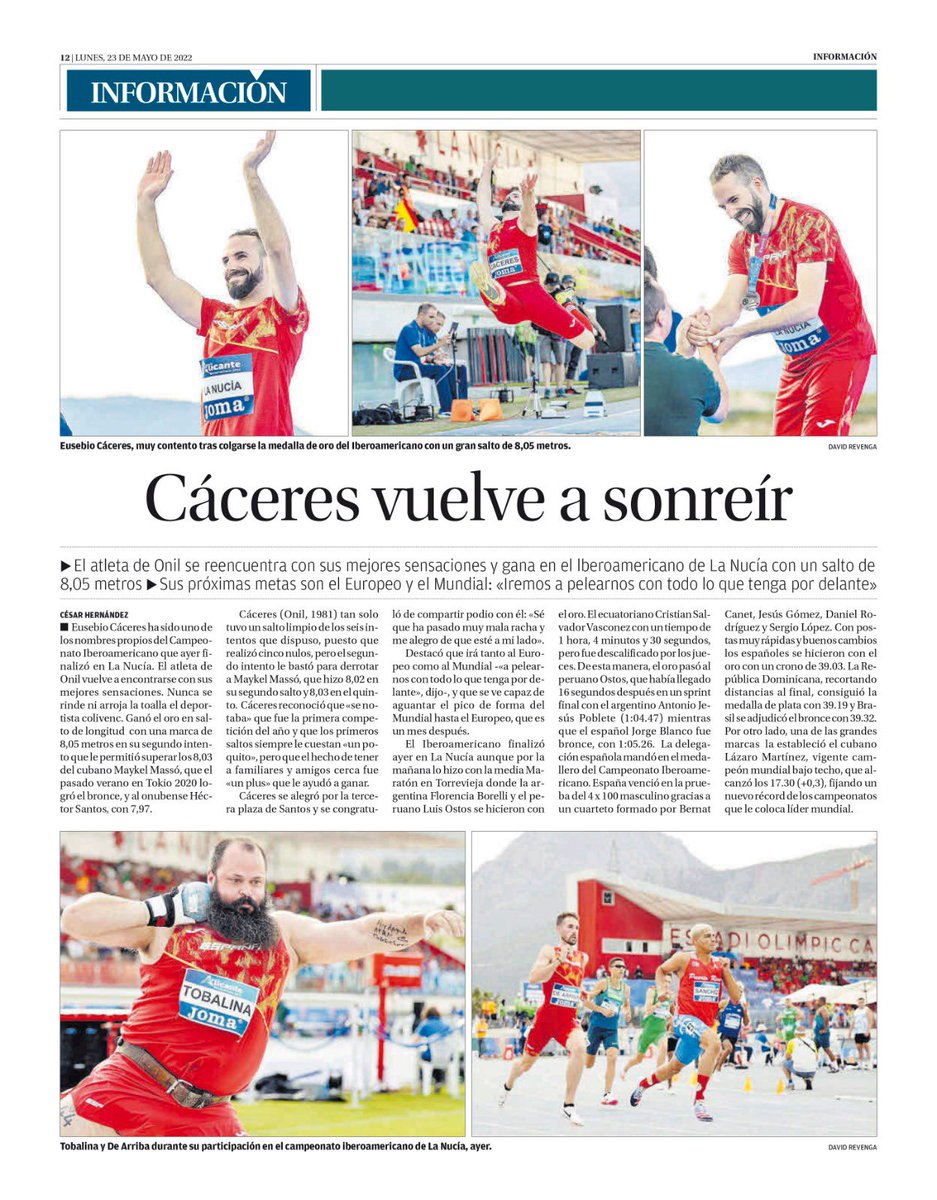 📣📣El <a href="/informacion_es/">INFORMACION.es</a> se hace eco del oro🥇conseguido por <a href="/Eusebio_Caceres/">Eusebio Cáceres</a> en el Iberoamericano de #Atletismo #Alicante2022 en <a href="/LaNuciaES/">La Nucía</a>‼️
🏟 <a href="/EstadiLaNucia/">Estadi Olímpic Camilo Cano La Nucía</a> 
#LaNuciaCiudadDelDeporte