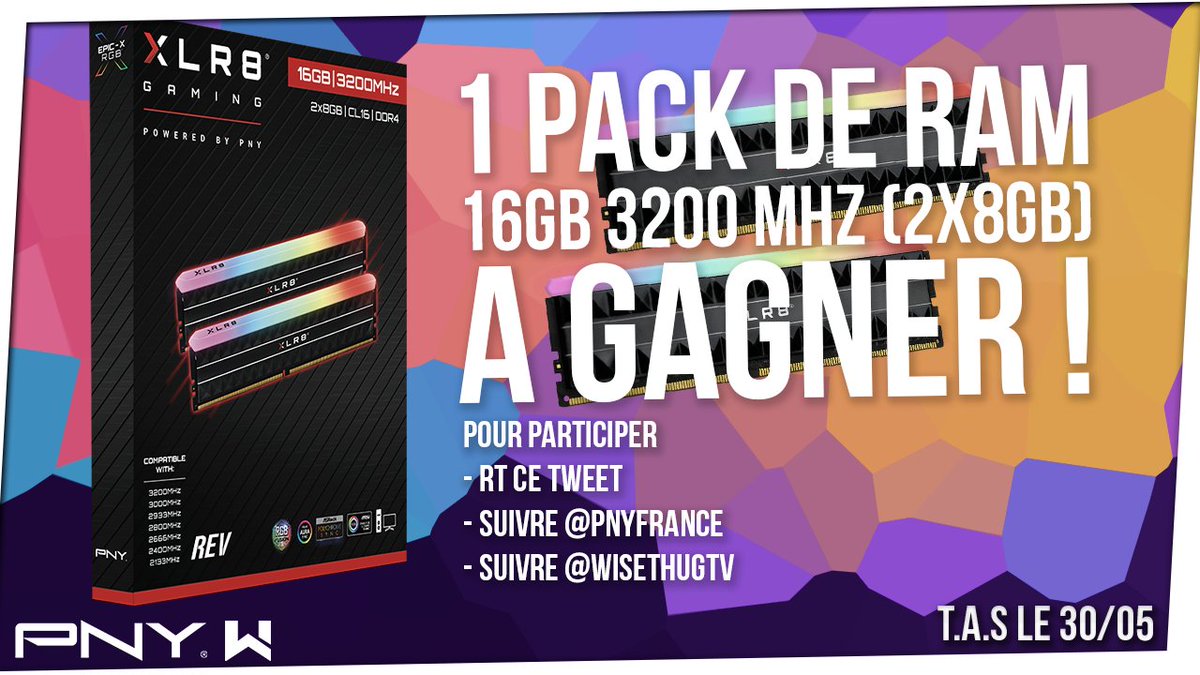 WisethugTV's tweet image. 🏆 #Concours 🏆

Avec @PNYFrance on continue de vous faire gagner des beaux cadeaux ! Cette fois-ci c&apos;est un pack de XLR8 Gaming REV RGB™ DDR4 3200MHz - 16GB (2x8GB) à gagner !

Pour participer :
- #RT ce tweet
- Follow @PNYFrance
 - Follow @WisethugTV

T.A.S le 30/05 !