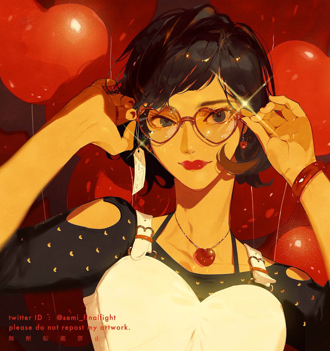 1girl solo jewelry glasses black hair short hair earrings  illustration images