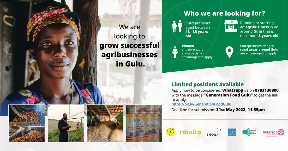 SHONAGroup's tweet photo. Are you;

✅ a young entrepreneur aged 18-35 years of age?
✅ from Gulu &amp; running or starting an agribusiness?
✅ interested in scaling your business?

Apply today for #GenerationFoodGulu business incubator program! Submit your application via https://t.co/FUORlzlXBc https://t.co/PO2nQMKJ9k