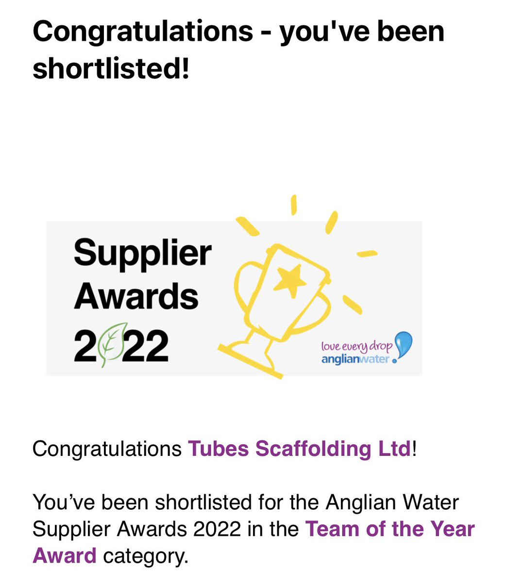 TubesScaffold's tweet photo. We are delighted to have been shortlisted for TEAM OF THE YEAR for the Anglian Water Supplier Awards 2022!

It is great that the hard work, dedication and services our teams delivered throughout the pandemic have been recognised.

Well done #TeamTubes we are very proud!🤞🏼 https://t.co/zFmKl7j3MF
