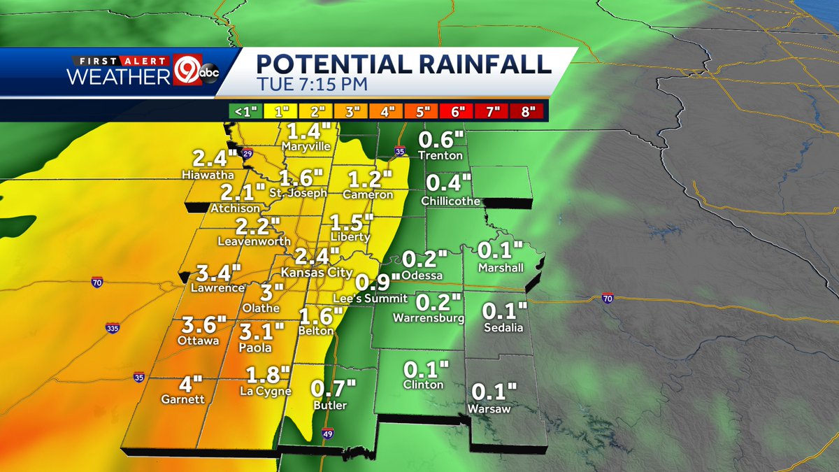 KatieHornerKMBC's tweet photo. Heavy rain on the way for Tuesday. Impacts expected to all outside activities. @kmbc9 #kmbc9 https://t.co/x5W3hTzg3d