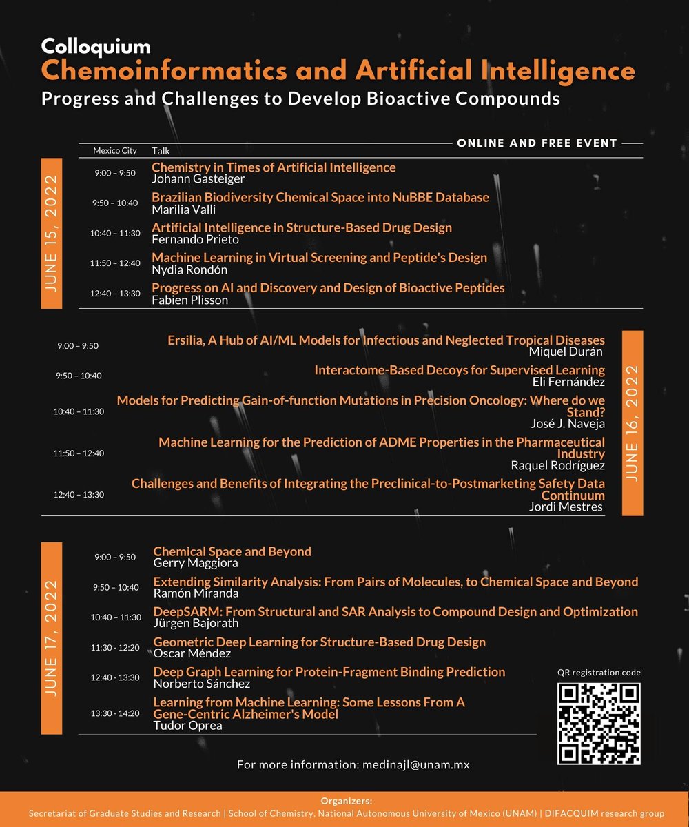 Excited to share the program of the Colloquium of #Chemoinformatics and #AI. Don´t miss the talks of <a href="/mariliavalli/">Marilia Valli</a> <a href="/FDPrietoMtz/">Fernando D. Prieto-Martínez</a> <a href="/FabienPlisson/">Fabien Plisson</a> @mduranfrigola <a href="/JJNaveja/">José J. Naveja</a> <a href="/GroupQuintana/">Miranda Quintana Group</a> <a href="/omendezlucio/">Oscar Méndez Lucio</a> <a href="/NorbertoSnche17/">Norberto Sánchez Cruz</a> 
and more! Registration👉 forms.gle/b8wCUfHgkpExFk…