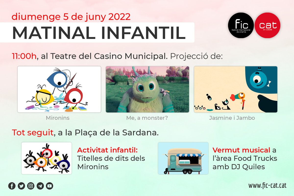 FICCAT's tweet photo. ⚫🔴 #MatinalInfantil
🗓️ 5 de juny, a les 11 h, al #TeatreCasinoMunicipal, festa del cinema per a tota la família amb:
✅ Curt #MeAMonster
✅ 1r capítol sèrie @tv3cat, #JasmineIJambo
✅ Pel·lícula #Mironins
✅ Taller Titelles Dit
✅ Vermut Musical
ℹ️ https://t.co/2S5ebvkAyF https://t.co/HYwrl0OWMe