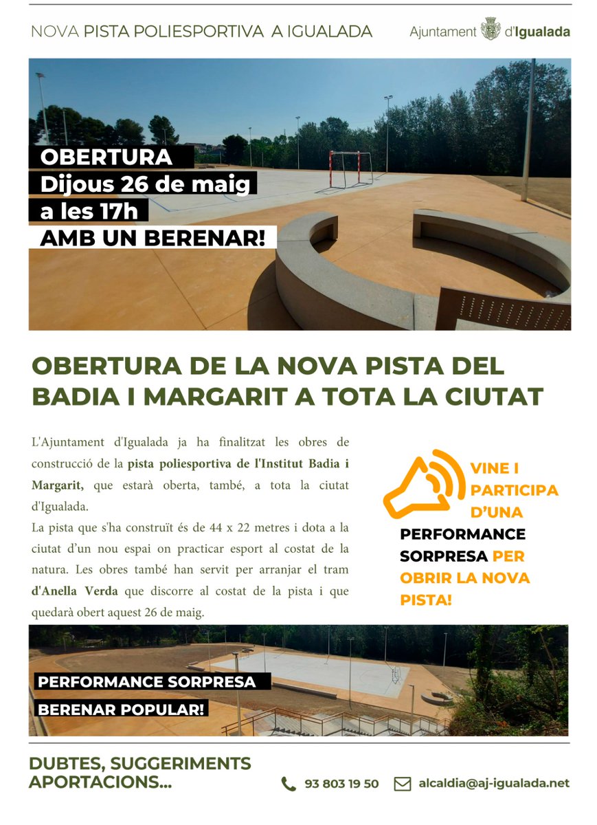 Aquest dijous 26 a les 17h hi haurà l'obertura de la nova pista poliesportiva a Igualada! ⤵️