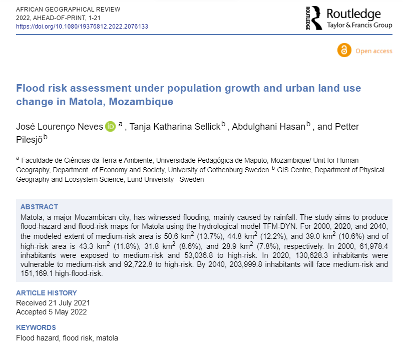 AfricaGeoReview's tweet photo. We're excited to share this timely piece on "Flood risk assessment under population growth and urban land use change in Matola, Mozambique" to spice up your week. Please take a read! @PolEcoNet @ganorvi #Mozambique #Africa  https://t.co/SVzXky62b0 https://t.co/7PICtSWrAw