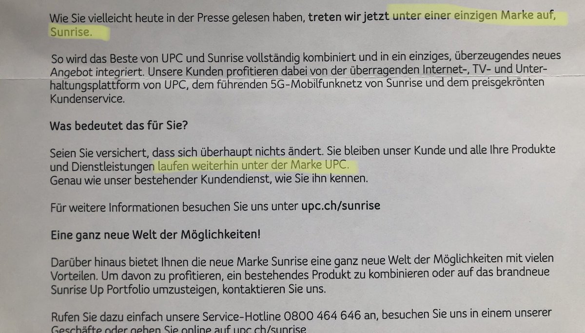 Alles klar <a href="/UPC_Switzerland/">UPC Schweiz</a> der Spagat zwischen alles neu und nichts ändert sich 😂 Die neu einzige Marke Sunrise läuft weiterhin unter der Marke UPC für mich….🤔