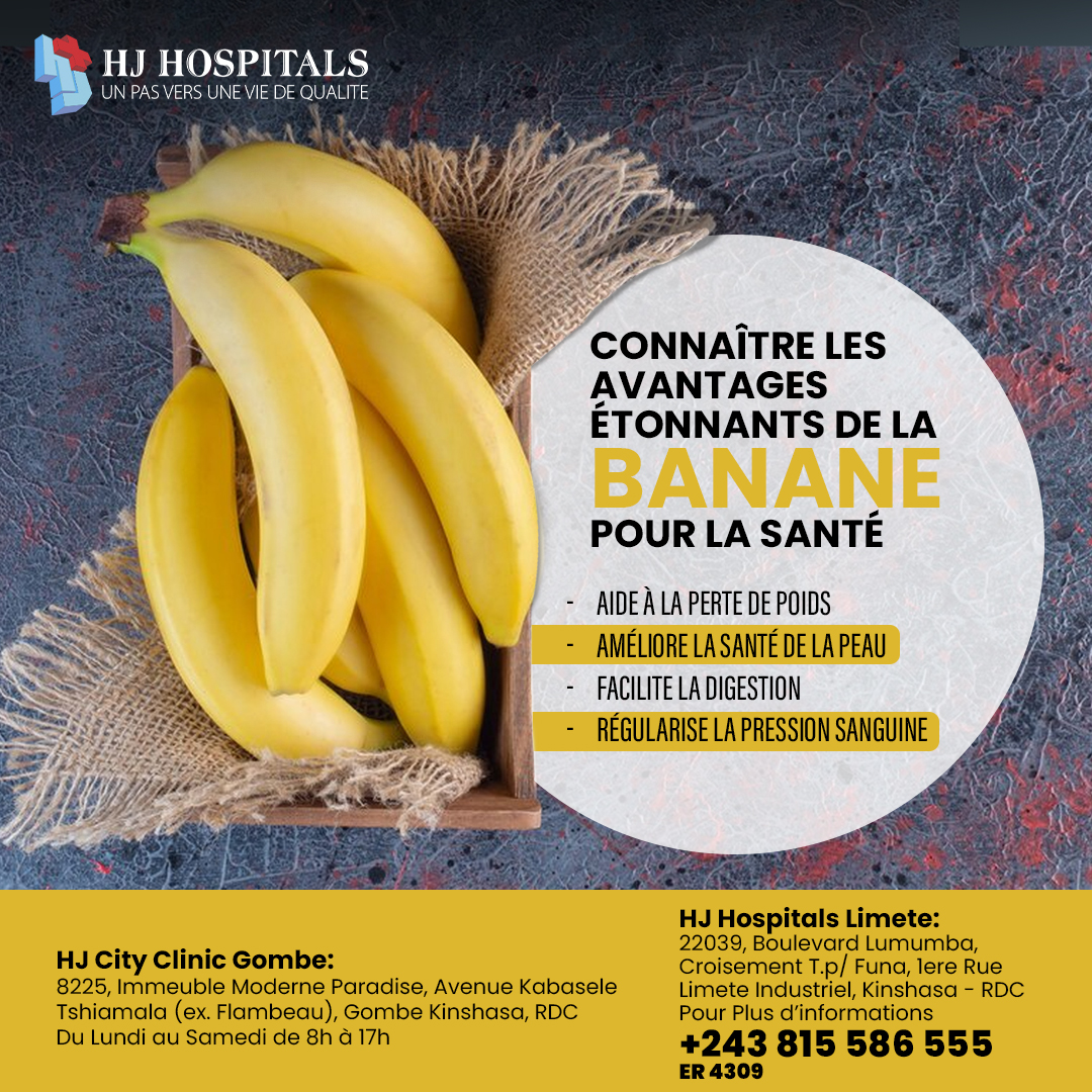 HjHospitals's tweet photo. La banane est un formidable vivier de nutriments nécessaires pour une bonne santé physique et mentale. En été, épluchez quelques bananes pour stimuler la concentration et réduire le stress et l'anxiété.
#healthbenetifits #benefitsofbananas🍌  #HJHospitals #drc #congo #Kinshasa https://t.co/67HxUAzp6b