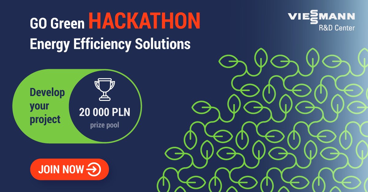 Take part in the GO Green #Hackathon - Energy Efficiency Solutions &amp; win a #prize from the pool of PLN 20K! 💸Create a project accelerating the transition from fossil fuels to renewable energy sources🌱 Register by 9.06 👉 bit.ly/3lCjj2y and see you on 10.06 in Wrocław🤩