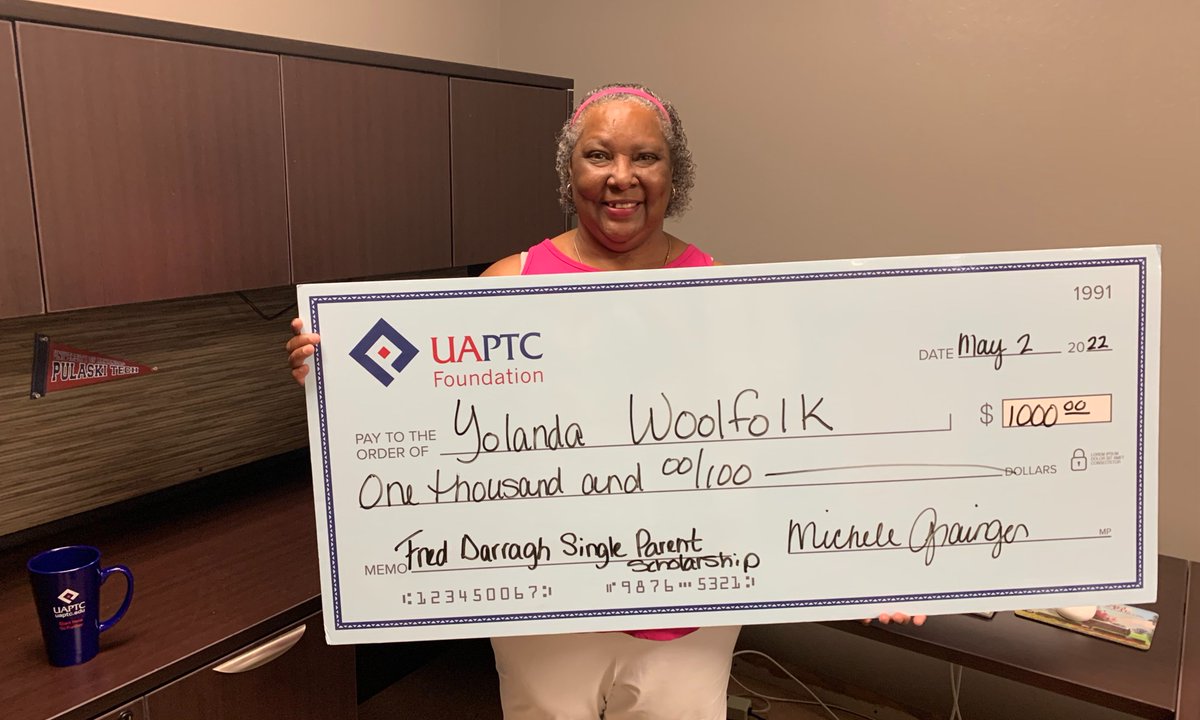 pulaskitech's tweet photo. Yolanda Woolfolk – Received $1,000 from the Fred Darragh Single Parent Scholarship. Yolanda is working toward an Associate of Science in Business degree.

Learn more about UA-PTC Foundation Scholarships at https://t.co/wvTAUKw9sC. https://t.co/y7i5MR4kmo