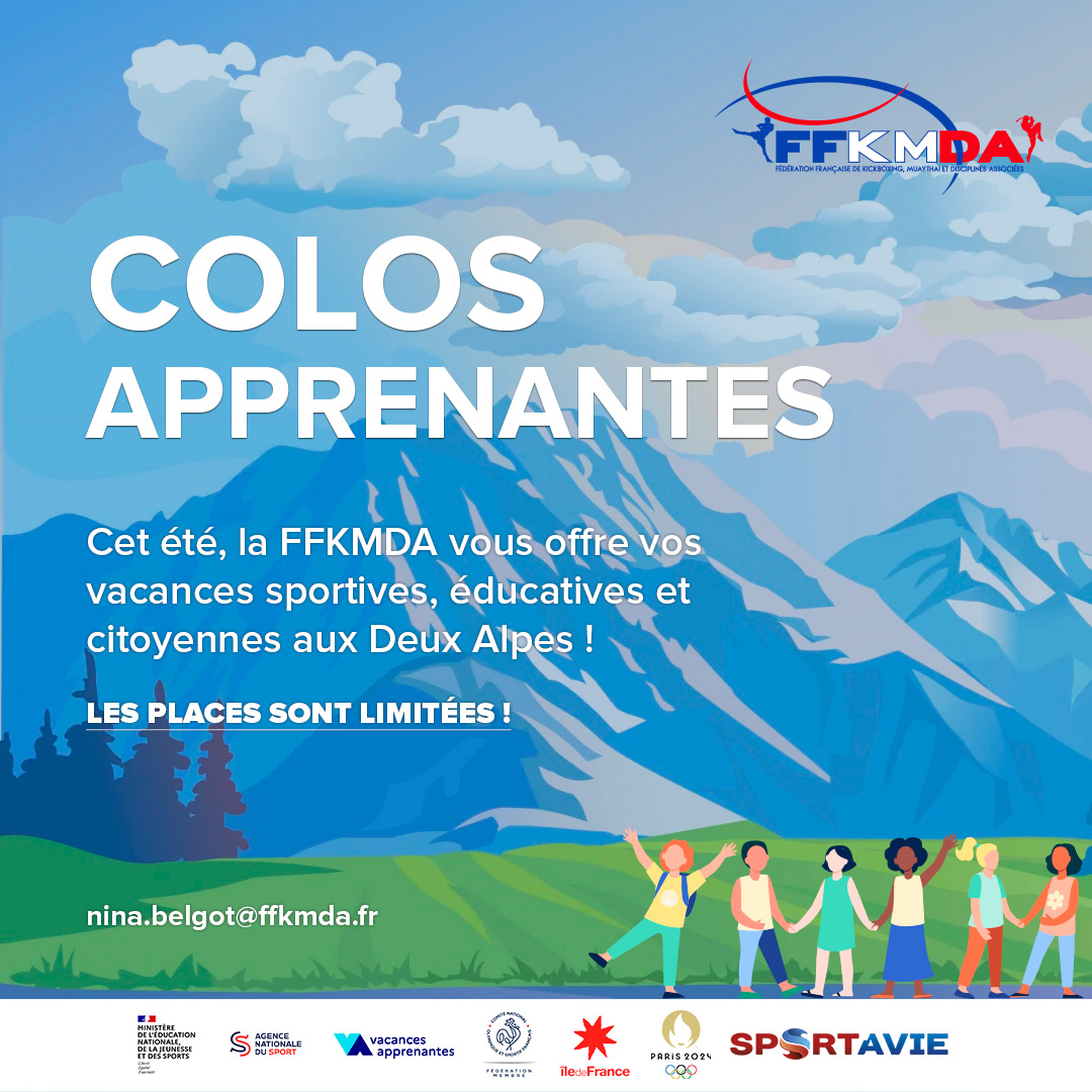 ffkmda's tweet photo. La FFKMDA offre à 72 licenciés âgés de 10 à 16 ans issus de famille en situation précaire des vacances apprenantes aux @2ALPES 🏔️:
➡️ Du 10 au 15/07
➡️ Du 24 au 29/07
➡️ Du 14 au 19/08
➡️ Du 21 au 26/08
Infos👉 https://t.co/7NjPQk6fAs
@education_gouv @Agence_du_Sport @Sports_gouv https://t.co/JXC0fzOz3t