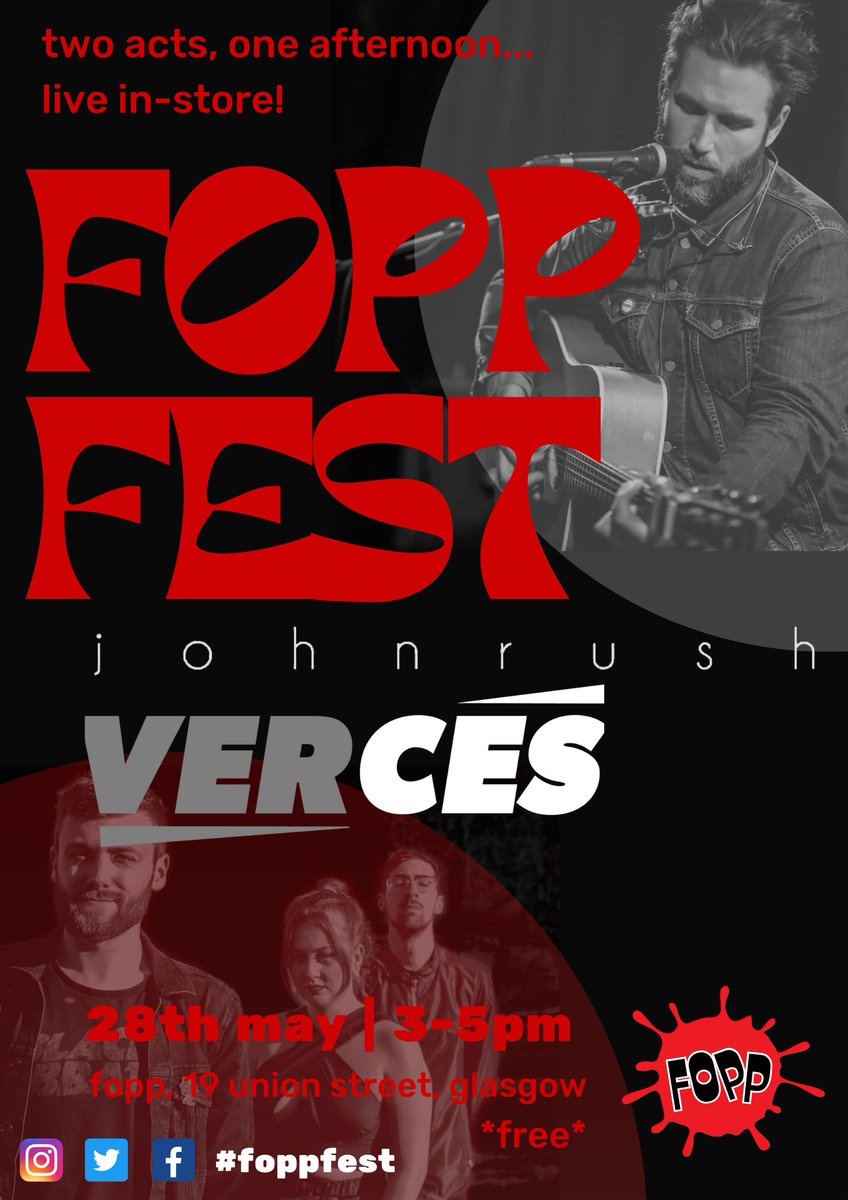FoppGlasgowU's tweet photo. Gearing up for Saturday the 28th...

5 days left until our FREE live music event #FOPPFEST featuring @johnrushmusicuk and rising indie trio #Verces! 

GET DOWN AT 3PM! 🎸🎤🥁

#gettofopp #fopp #glasgow #livemusic https://t.co/nSHaFaTmc0