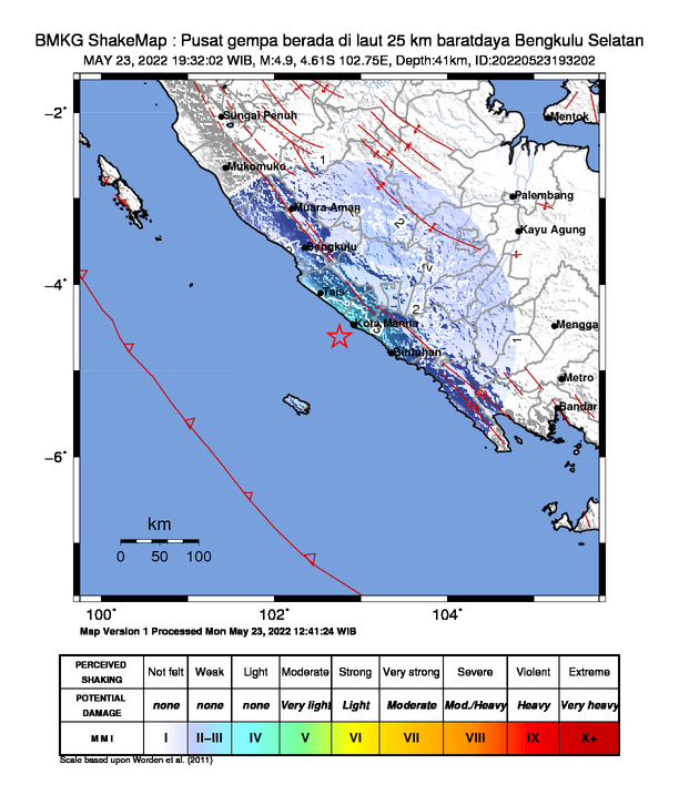 #Gempa Mag:4.9, 23-Mei-22 19:32:02 WIB, Lok:4.61 LS, 102.75 BT (Pusat gempa berada di laut 25 km baratdaya Bengkulu Selatan), Kedlmn:41 Km Dirasakan (MMI) IV Manna, IV Argamakmur, IV Lampung Barat, III-IV Kepahiang, III-IV Kota Bengkulu #BMKG