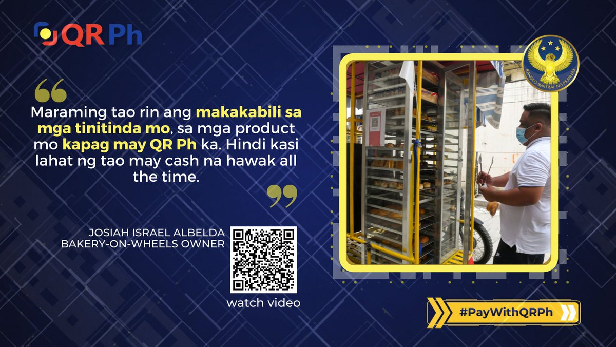 BangkoSentral's tweet image. Simula noong gumamit ng QR Ph si Josiah Albelda sa kanyang Bakery-on-Wheels, mas marami na ang mamimili nang nadagdagan ang pamamaraan ng pagbabayad/payment options ng mga suki.

Alamin ang kanyang kwento: fb.watch/daECc3GppL/

#PaywithQRPh #LetsGetDigitALL #MasMadaliSaQRPh