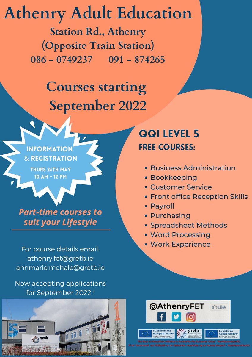 AthenryFET's tweet photo. Start planning ahead for Sept 2022....  
@AthenryFET  invite you to the Centre for an Information &amp; Registration morning Thurs 26th May 10 AM to 12 PM.  Come meet our staff, have a look around the Centre and see what courses we're planning for later this year.  😃 https://t.co/0uls7Q0Eo4