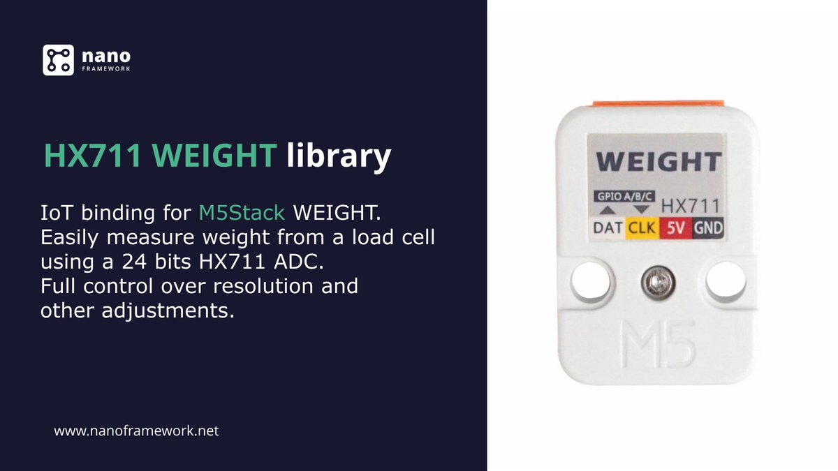 Need to read from a load cell in your next <a href="/nanoFramework/">.NET nanoFramework</a> project? We've just released an IoT binding for <a href="/M5Stack/">M5Stack</a> WEIGHT, based on the #HX711 24bits ADC.
Kudos to <a href="/greenyng_/">greenYng</a> that has kindly sponsored the development of this library. 
Sample code here: github.com/nanoframework/…