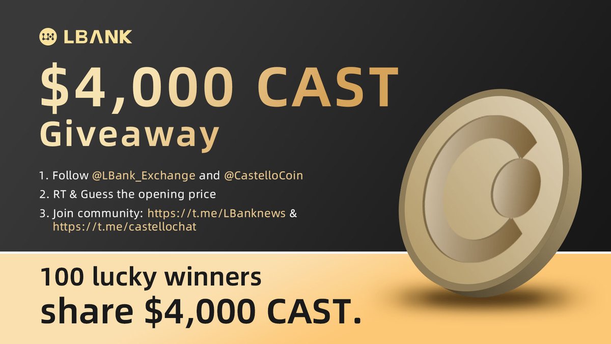 🎈 $CAST(Castello Coin) #Airdrop!

🎉100 lucky winners share $4,000 CAST
1️⃣ Follow me &amp;  @CastelloCoin 
2️⃣ RT &amp; Guess the opening price of $CAST
3️⃣ Join: t.me/LBanknews &amp; t.me/castellochat
4️⃣ Fill in: bit.ly/3NtcpbL

#crypto #giveaway