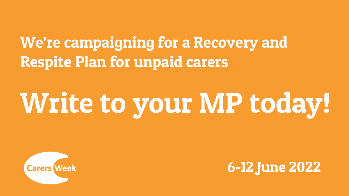 🚨 Today we're launching the #CarersWeek 2022 campaign!

We're calling for the government to provide more support to unpaid carers so they can care safely and well. Ask your MP to join our call for a Recovery and Respite Plan for unpaid carers! ✍️ carersuk.e-activist.com/page/105999/ac…