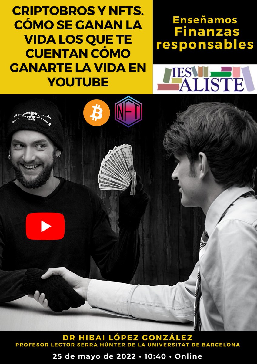 El próximo miércoles tenemos una charla sobre criptomonedas y NFT con <a href="/hibailogo/">Hibai López-González</a> Actividad que hemos abierto a otros centros educativos de España. Es importante enseñar FINANZAS RESPONSABLES