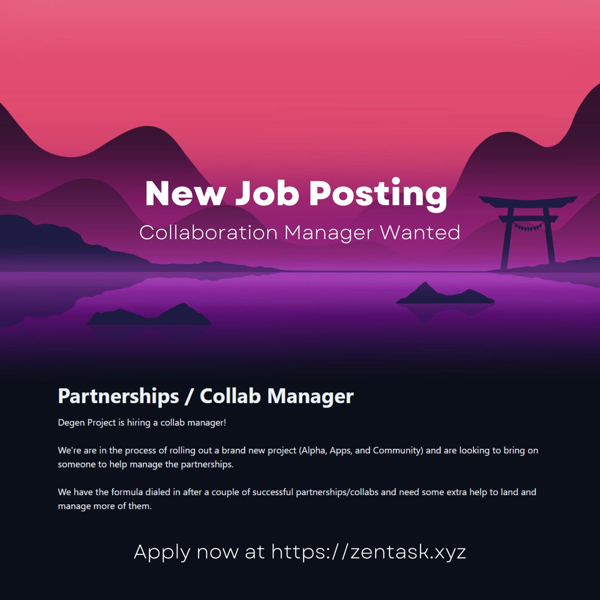 🕉️New Job Posting 🕉️

Degen Project is looking for a collaboration manager!

Apply now at zentask.xyz/app/jobs/82