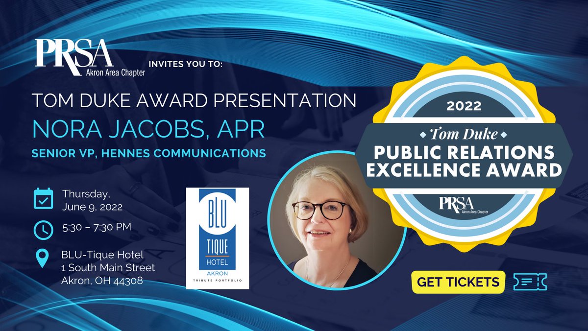 Join us June 9 at BLU-Tique hotel w/ <a href="/AkronAreaPRSA/">PRSA Akron</a> as we celebrate 2022 Tom Duke Award Winner, Nora Jacobs! 

Lite bites, cash bar, behind the scenes hotel tour, and lots of elbow rubs with the area's best and brightest PR and Marcom pros.

Get tickets! tinyurl.com/3befac8d
