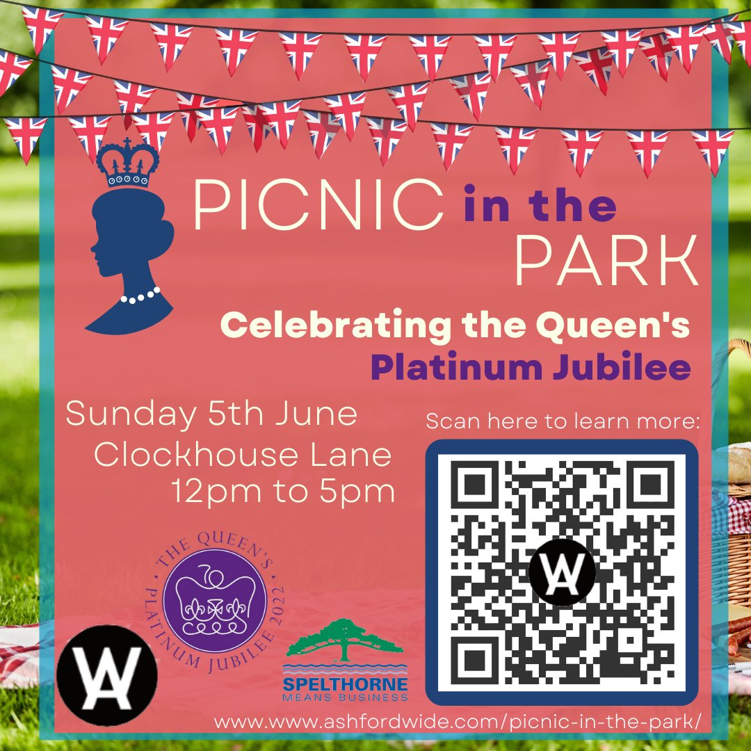 To celebrate the Queen’s Platinum Jubilee, Ashford Wide will be holding a Community Picnic in the Park!
On Sun 5th June join us at Ashford Recreational Ground, Clockhouse Lane from 12 – 5pm.
Games, music, colouring competition, picnic areas, stalls, a mobile gaming van &amp; more!