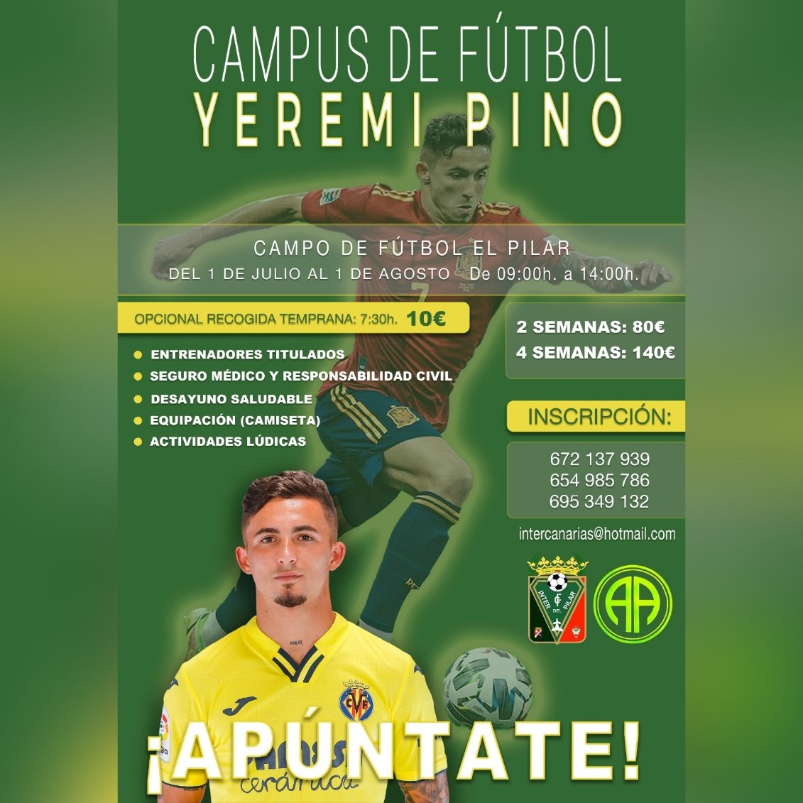 Inter del pilar cf (@interdelpilarcf) on Twitter photo ¡ YA ES OFICIAL ! nuestro campus de verano no dudes en apuntarte también informar que tendremos la presencia del jugador del <a href="/villarrealcf/">Villarreal CF</a> @yeresantos10
¡ PARA MAS INFORMACION COMUNICARSE A LOS CONTACTOS QUE APARECEN.!
¡ TE ESPERAMOS ! ❤🖤💚⚽️💪🏾 ¡ YA ES OFICIAL ! nuestro campus de verano no dudes en apuntarte también informar que tendremos la presencia del jugador del <a href="/villarrealcf/">Villarreal CF</a> @yeresantos10
¡ PARA MAS INFORMACION COMUNICARSE A LOS CONTACTOS QUE APARECEN.!
¡ TE ESPERAMOS ! ❤🖤💚⚽️💪🏾