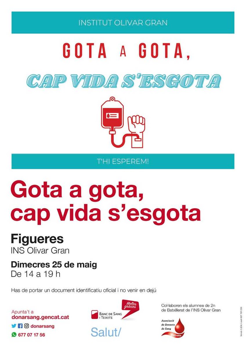 Donar sang és donar vida 🩸

📍<a href="/OlivarGran/">Institut Olivar Gran</a> <a href="/EscolaPallach/">Escola Josep Pallach</a> 
📅25, 27 i 28 de maig