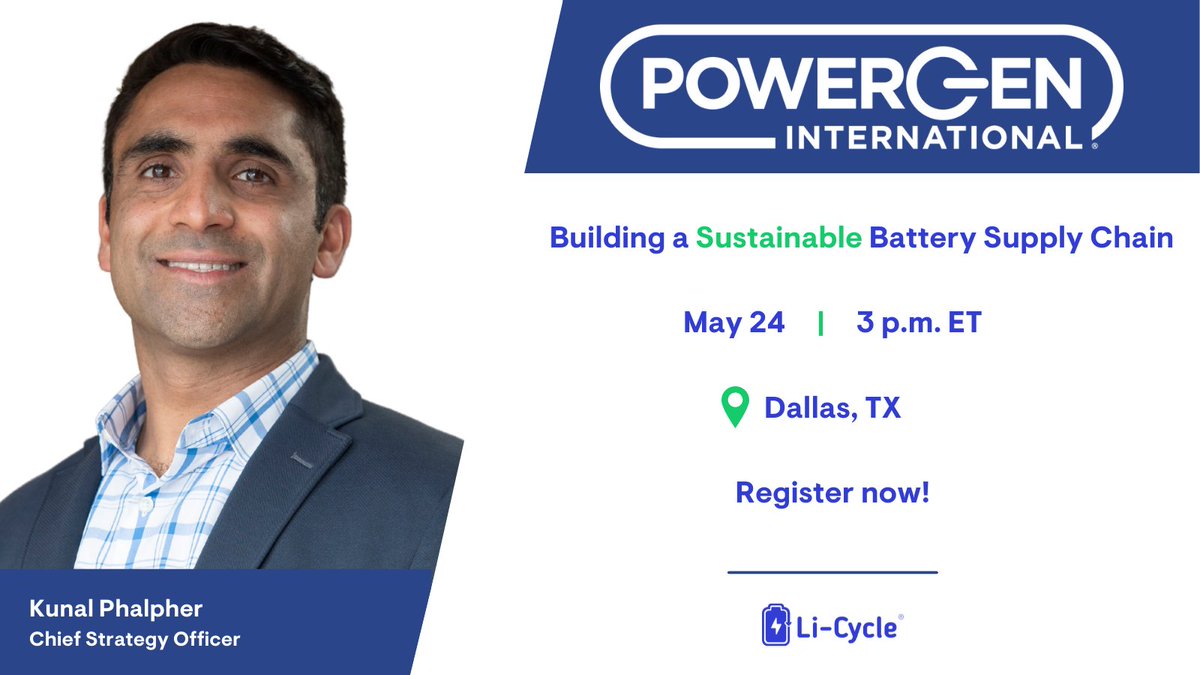 li_cycle's tweet photo. Tomorrow (5/24), Li-Cycle's CSO Kunal Phalpher will present at the 2022 @powergenintl event in #Dallas, TX. At 3:00pm ET Kunal will discuss how #LICY’s battery recycling technologies are creating a truly circular and #sustainable battery supply chain. #POWERGEN2022 https://t.co/XJq8AkEmW9