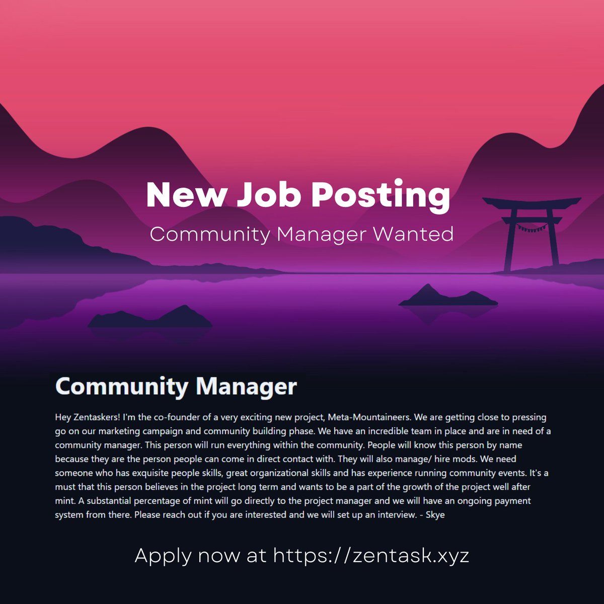 🕉️New Job Posting 🕉️

An upcoming NFT project, Meta Mountaineers, is looking for a community manager!

Apply now at zentask.xyz/app/jobs/82