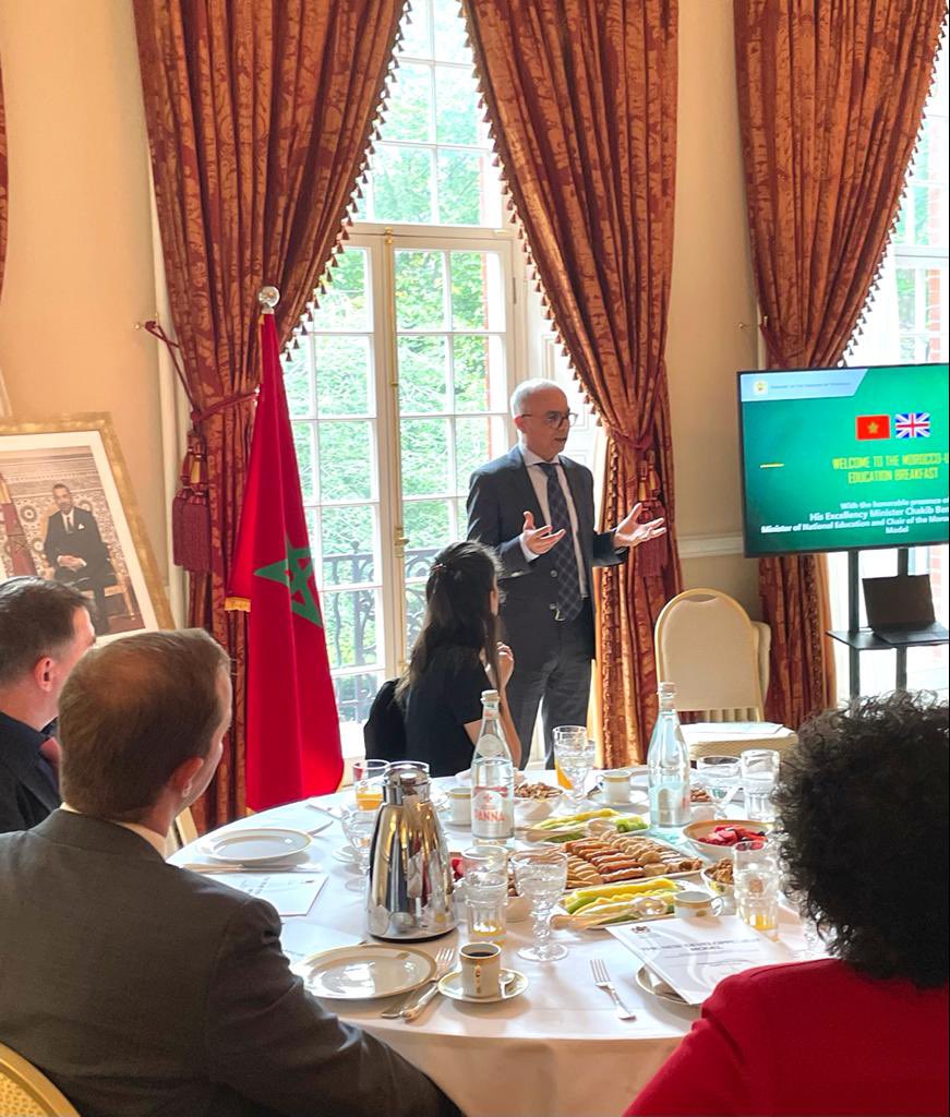 MOROCCOinUK's tweet photo. Mor-UK breakfast on Education hosted today with HE @CH_Benmoussa, Minister of National Education, Preschool and Sports, and education experts &amp; partners who exchanged on 🇲🇦 educational reforms and the key role of strengthened bilateral ties in accelerating their implementation https://t.co/afia1WeDuD