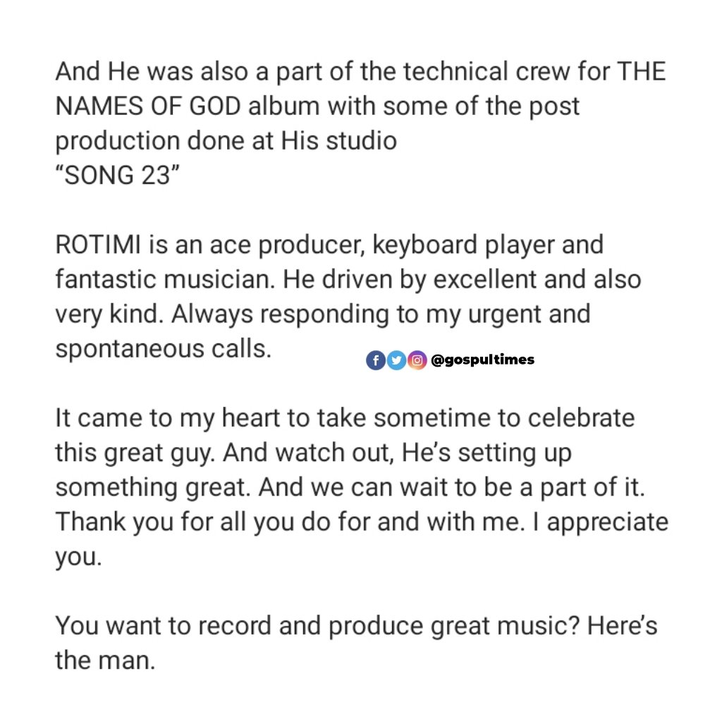 GospulTimes's tweet photo. Nathaniel Bassey pens down post to appreciate his music producer

@gospultimes 
#gospultimes #gospelnews #nathanielbassey #rotimikeys #christianupdates #music #producer #gospelgist https://t.co/HW2p4mcxwr