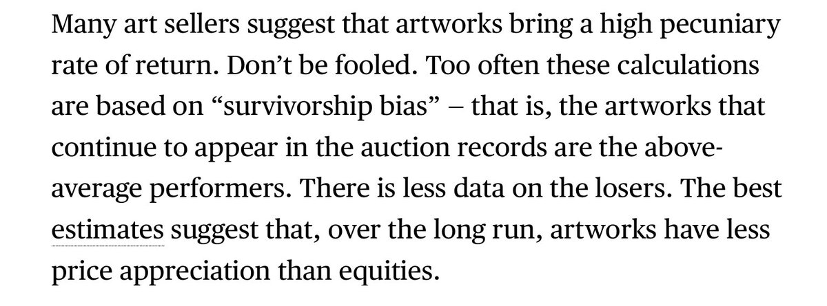 How can an illiquid opaque good with a bid/offer spread of 30% at best,ever b a financial asset?-Art Is an Investment to Appreciate. Even if an artwork doesn’t increase in value,it provides its owner intangible benefits that equities do not. By <a href="/tylercowen/">tylercowen</a> bloomberg.com/opinion/articl…