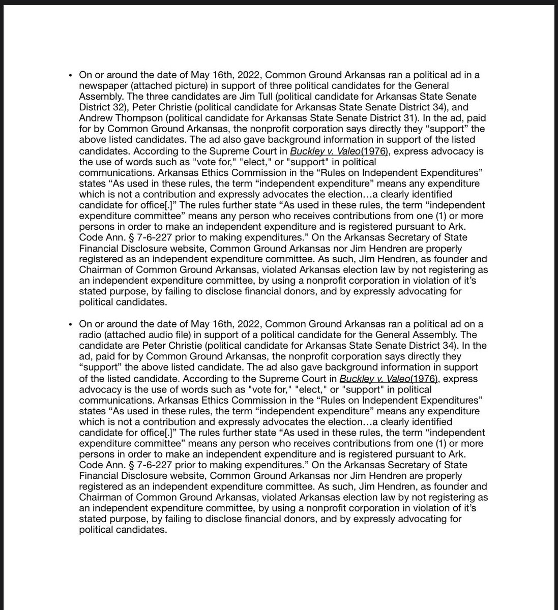 Garner4Senate's tweet photo. Today, I’ve filed an ethics complaint against the dark money special interest group, Common Ground Arkansas. The group has violated Arkansas election law by engaging in expressed advocacy for the election of candidates without disclosing their donors.
#arpx #arleg #ARNews https://t.co/hxgngWQ1Zl