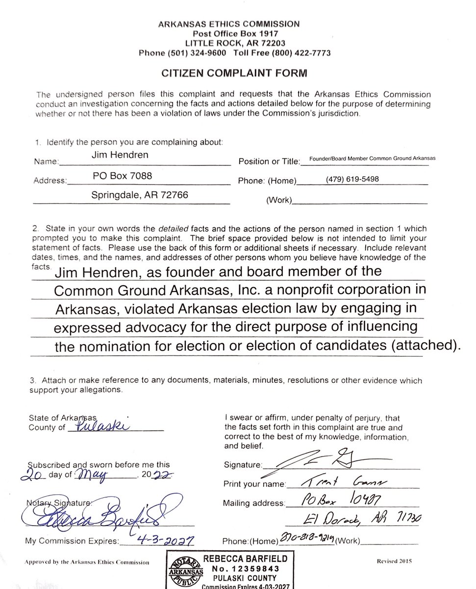 Garner4Senate's tweet photo. Today, I’ve filed an ethics complaint against the dark money special interest group, Common Ground Arkansas. The group has violated Arkansas election law by engaging in expressed advocacy for the election of candidates without disclosing their donors.
#arpx #arleg #ARNews https://t.co/hxgngWQ1Zl