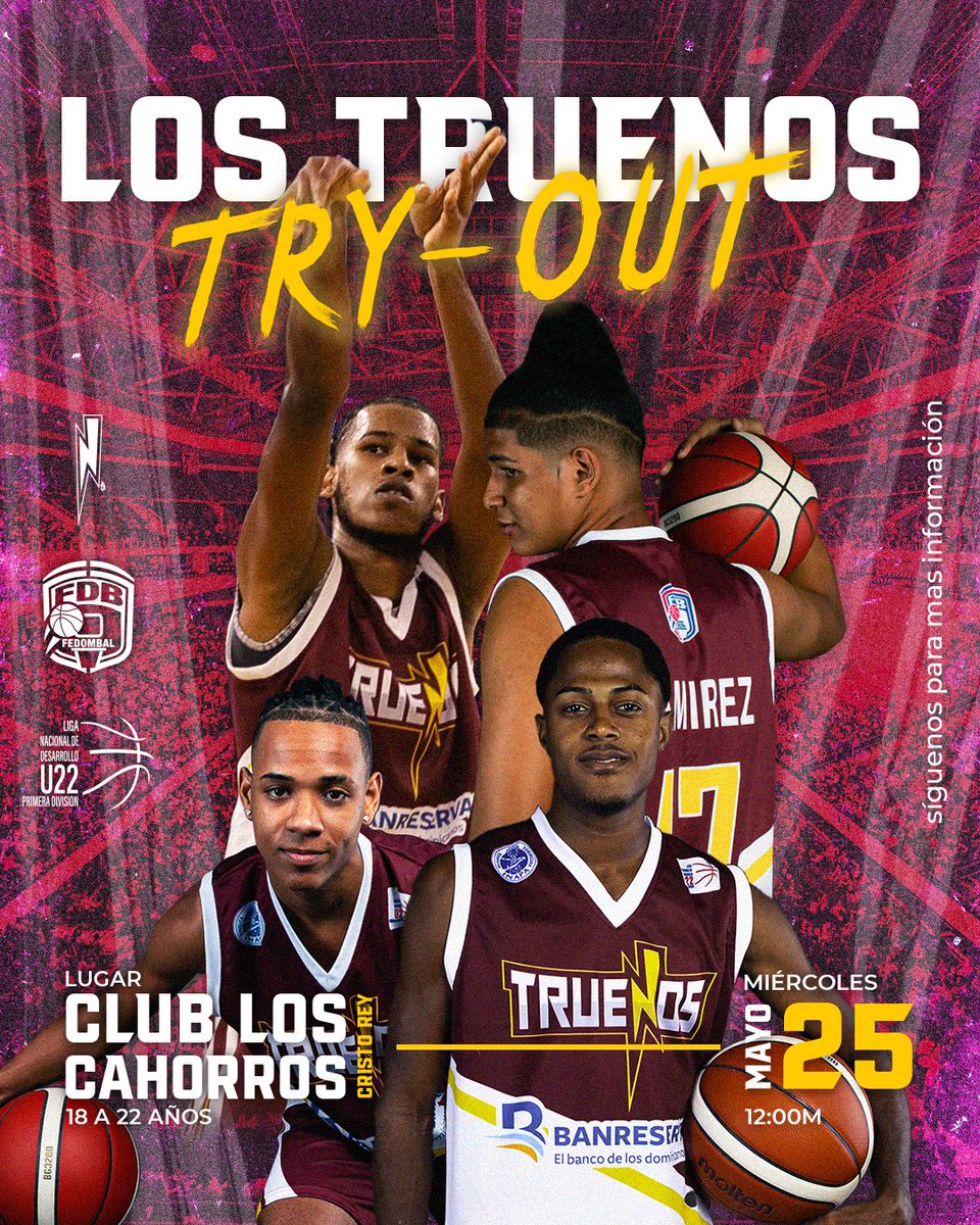 Este Miércoles 25 de Mayo🗓 a las 12 del mediodía será nuestro “TRYOUT” 🏀🔥

Acompáñanos y demuestra por qué debes ser parte de <a href="/TruenosOficial/">Truenos del Distrito</a>🏀

📍Club Los Cachorros, Cristo Rey

Condiciones: Solo hombres de 18 a 22 años

#lostruenos #baloncesto #basket #tryout #equipodebasket
