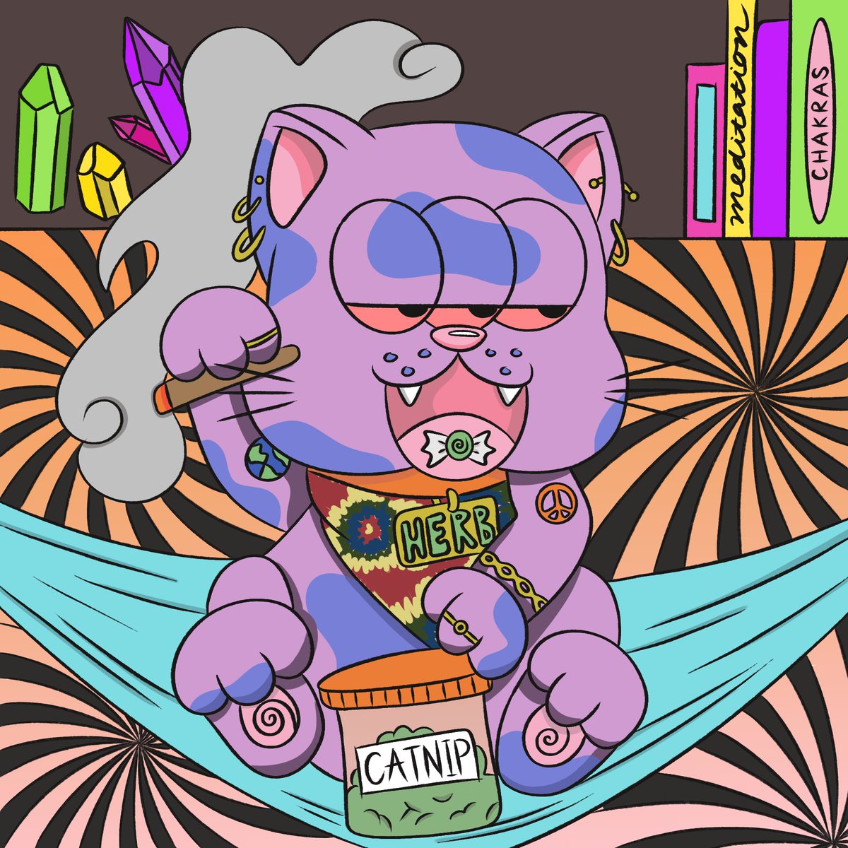 This is Herb! Submitted him to the @PotluckProtocol community collection dropping today 🌿 I love <a href="/TEENSONACID/">TEENSONACID</a> acidcats so much. Had to do my own version! #TOA #FTM #NFTCommunity