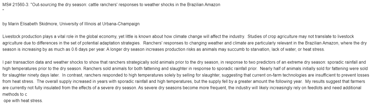 AJAE_AAEA's tweet photo. Forthcoming in the AJAE: "Out-sourcing the dry season: cattle ranchers' responses to weather shocks in the Brazilian Amazon," by Marin Elisabeth Skidmore https://t.co/nDikC81Z04