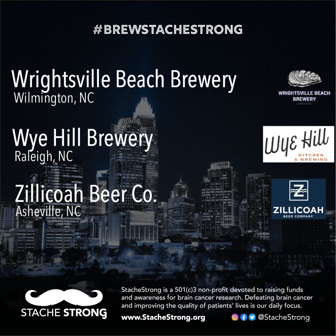 Today we’re highlighting the North Carolina breweries that have committed to #BrewStacheStrong in support of brain cancer research! <a href="/shortwaybrewing/">Shortway Brewing Co.</a> <a href="/suffolkpunchclt/">The Suffolk Punch</a> <a href="/WoodenRobotAle/">Wooden Robot Brewery</a> <a href="/wbbeer/">WB Brewery</a> <a href="/wye_hill/">Wye Hill Kitchen & Brewing</a> <a href="/SycamoreBrewing/">Sycamore Brewing</a>