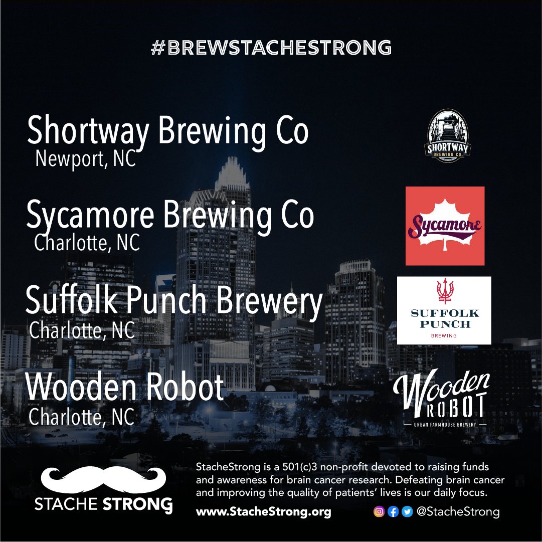 StacheStrong's tweet photo. Today we’re highlighting the North Carolina breweries that have committed to #BrewStacheStrong in support of brain cancer research! @shortwaybrewing @suffolkpunchclt @WoodenRobotAle @wbbeer @wye_hill @SycamoreBrewing https://t.co/znPDN3z1BL