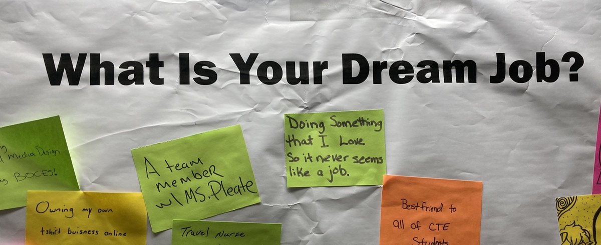 SheletteRPleat's tweet photo. Love our scholars on our Albany CTE campus @CapRegionBOCES 🥰 This past month’s interactive board: What is Your Dream Job? Not sure which scholar wrote on the green post-it but they made my Monday morning 🥰🙏🏽 #scholars1st #scholarvoice #blessedadmin @musickate @CareerTecTweets https://t.co/XZSpyFs4l9
