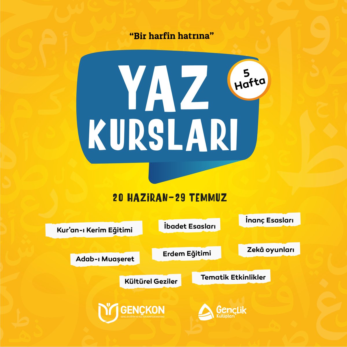 ✏️ Yaz Kursları kayıtlarımız başladı.  

📚 Çocuklarımıza güzel dinimizi ve Kur'an-ı Kerim okumayı öğretmek için hazırız.

🚀 Acele edin kontenjanımız sınırlıdır.

❓ Nerelerdeyiz: genclikkulupleri.com/nerelerdeyiz/

<a href="/Genckon/">GENÇKON</a>