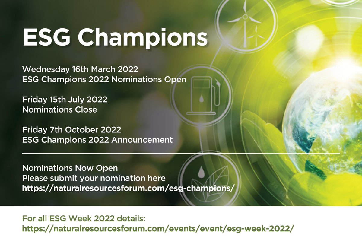 NatResourcesForum (@natural_rf) on Twitter photo NOT TO BE MISSED | #Nominations are open for the inaugural #ESG #Champions publication of <a href="/Natural_RF/">NatResourcesForum</a> | To nominate an #inspirational colleague or #organization driving forward ESG policies and strategies, submit your nomination here: lnkd.in/e7b7U6rt NOT TO BE MISSED | #Nominations are open for the inaugural #ESG #Champions publication of <a href="/Natural_RF/">NatResourcesForum</a> | To nominate an #inspirational colleague or #organization driving forward ESG policies and strategies, submit your nomination here: lnkd.in/e7b7U6rt