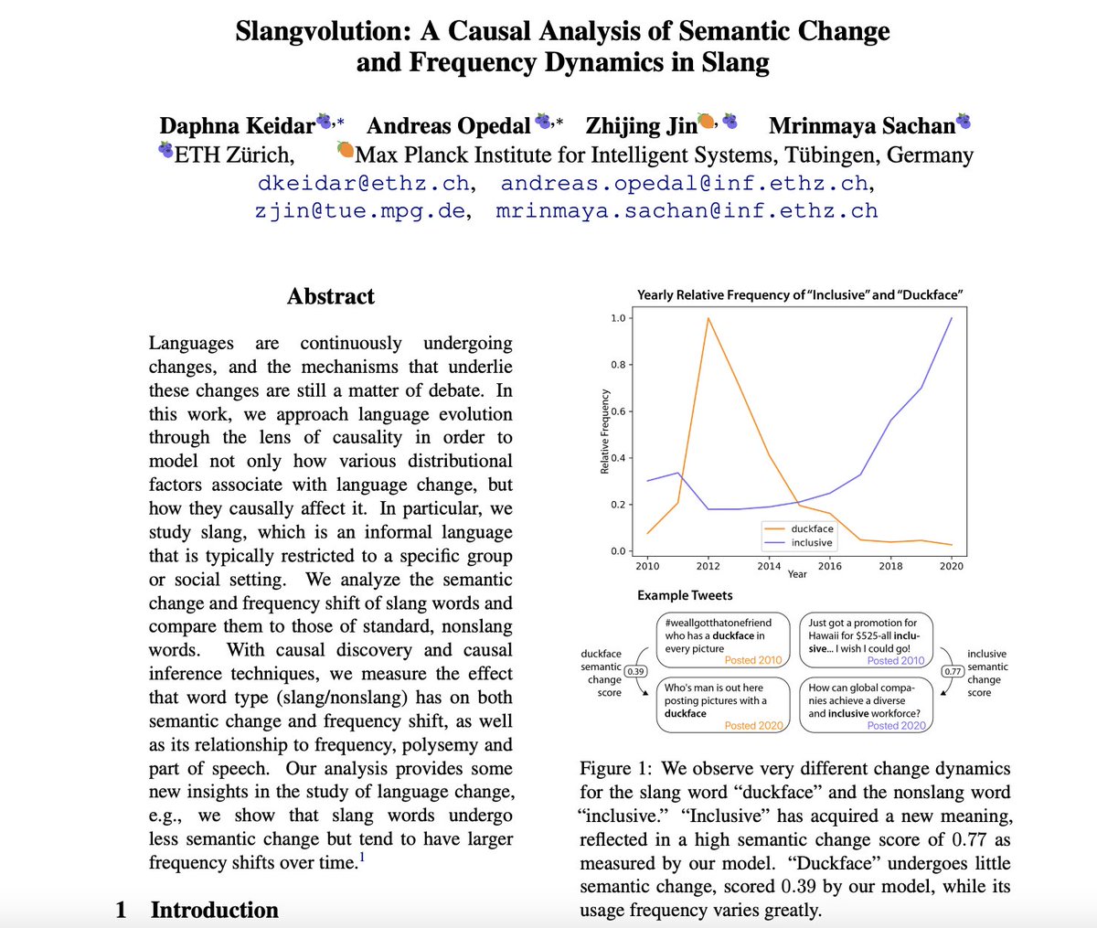 ☘️ Happy to attend @aclmeeting and present our long paper: 'Slangvolution: A Causal Analysis of Semantic Change and Frequency Dynamics in Slang' with @Daphiya @ZhijingJin and @mrinmayasachan from @ETH_en and @MPI_IS #acl2022nlp #NLProc