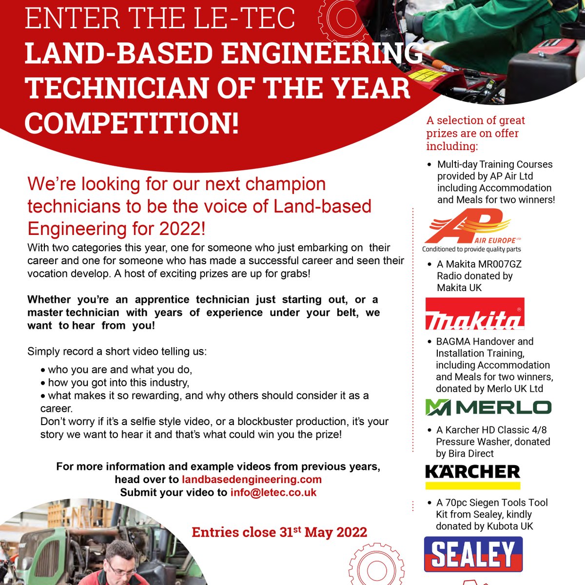 Landbased_Eng's tweet photo. There's still time to enter our awesome competition to become Technician of the Year! Be a real voice of the industry and play a part in helping to attract the next generation, whilst also winning great prizes!
@UkMerlo @APAIRLtd @MakitaUK @karcheruk @Sealeytools @BAGMA_tweets https://t.co/M14eIZLiba