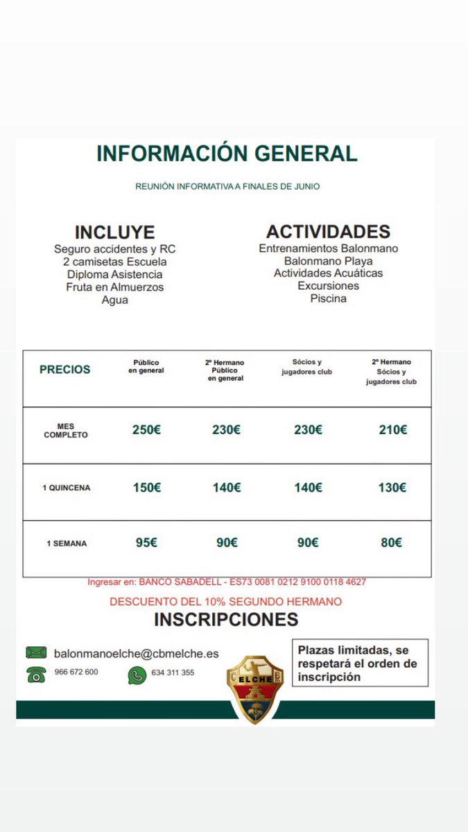 EscuelaCbmelche's tweet photo. 📢 VUELVE LA ESCUELA DE VERANO DEL @cbm_elche 🤩🙌🏻

🗓Del 27 de junio al 29 de julio
🕒 De 9 a 14h
🤾🏼 Nacidos/as desde 2008 a 2015 (incluidos)

ℹ️Desliza para más información

📩balonmanoelche@cbmelche.es
☎️966 672 600 | 634 311 355 https://t.co/m78eCFdLYo