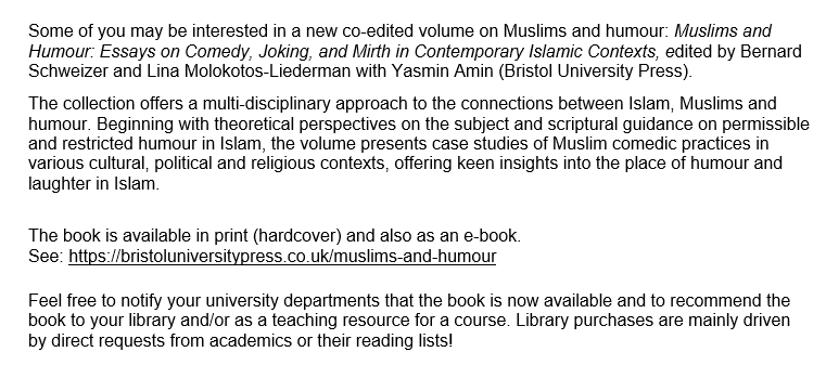 HumRelNetwork's tweet photo. 🚨 NEW BOOK ALERT 📚

Muslims and Humour: Essays on Comedy, Joking, and Mirth in Contemporary Islamic Contexts. 
Edited by Bernard Schweizer &amp; @mololied with Yasmin Amin 
(@BrisUniPress) 

For more information visit: https://t.co/aspsUwM25c

#HumourAndReligion #HumourStudies https://t.co/fhmxrCGzQL